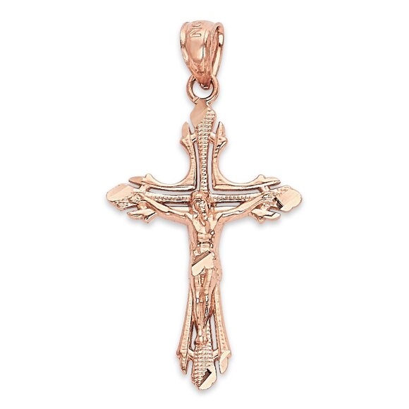 Solid 10k Rose Gold Crucifix Pendant - Religious Jewelry Gifts for Her - Picture 1 of 5